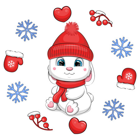 Cute cartoon white rabbir with a red scarf and hat in a winter frame. Vector illustration of an animal with hearts, mittens, berries, snowflakes on a white background.のイラスト素材