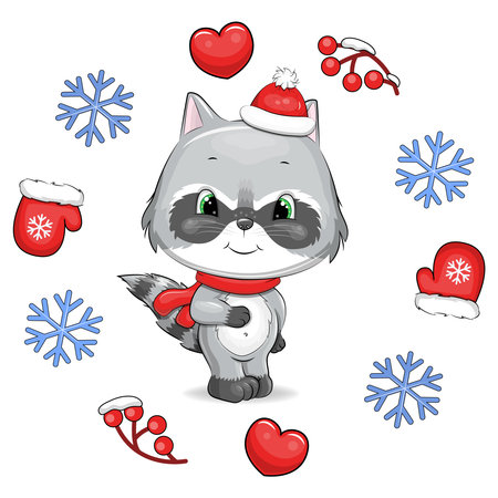 Cute cartoon raccoon with a red scarf and hat in a winter frame. Vector illustration of an animal with hearts, mittens, berries, snowflakes on a white background.のイラスト素材