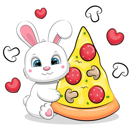Cute cartoon white rabbit with a big piece of pizza. Vector illustration of animal on a white background with red hearts and mushrooms.のイラスト素材