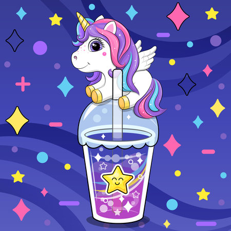 Cute cartoon unicorn on a star drink. Vector illustration of an animal and a cup of colorful water on a dark blue background with stars and dots.のイラスト素材
