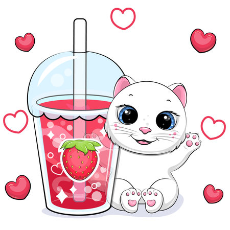 Cute cartoon white cat with a big strawberry drink. Vector illustration of an animal and a cup of red water on a white background with red hearts.のイラスト素材