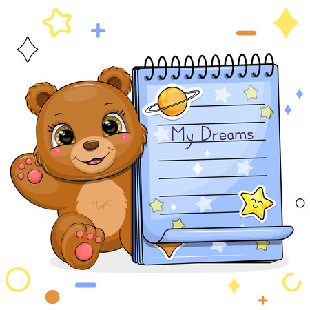 A cute cartoon brown bear with a blue notebook with stickers. Vector illustration of an animal on a white background with stars, circles.のイラスト素材