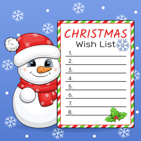 Cute cartoon snowman with a Christmas wish list. Vector illustration on a blue background with white snow and snowflakes.のイラスト素材