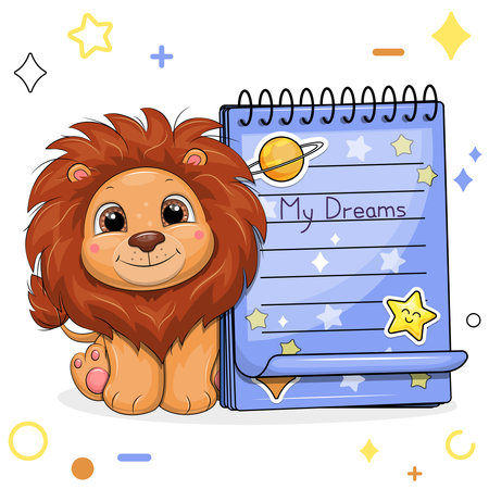 A cute cartoon lion and a blue notebook with stickers. Vector illustration of animal on a white background with stars, circles.のイラスト素材