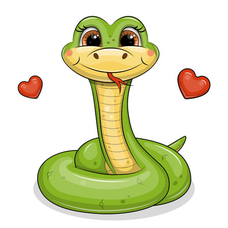 Cute cartoon green snake. Vector illustration of an animal with two red hearts on a white background.のイラスト素材