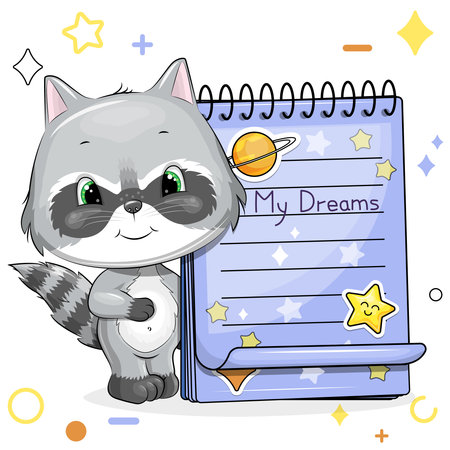 A cute cartoon gray raccoon and a blue notebook with stickers. Vector illustration of animal on a white background with stars, circles.のイラスト素材