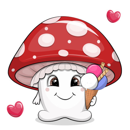 Cute cartoon red mushroom with ice cream. Vector illustration with hearts on a white background.のイラスト素材