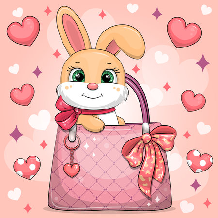 Cute cartoon bunny sits in a woman's bag. Vector illustration of an animal on a pink background with hearts.のイラスト素材