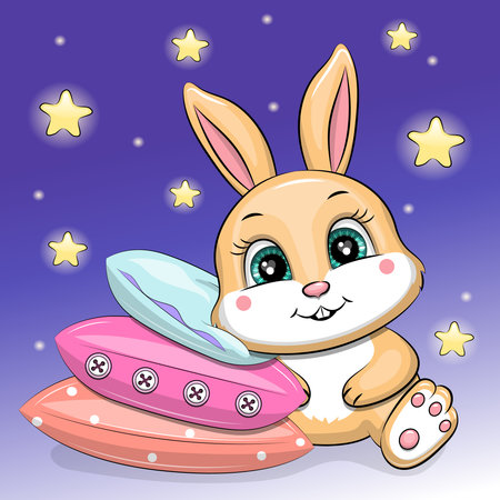 Cute cartoon rabbit id going to sleep on colorful pillows. Night vector illustration on a blue background with stars.のイラスト素材
