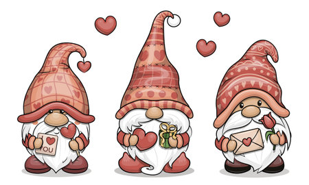 Set of three cute cartoon gnomes with red hats and gifts. Valentine's vector illustration with hearts on white background.のイラスト素材