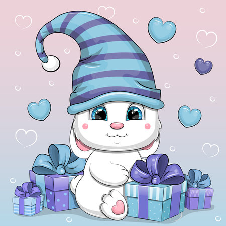 Cute cartoon white rabbit wiht gifts. Vector illustration of animal in blue hat with gifts and hearts.のイラスト素材