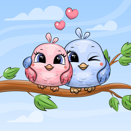 Cute cartoon birds couple on the tree branch. Vector illustration of the birds in nature with green leaves, pink hearts, blue sky and white clouds.のイラスト素材