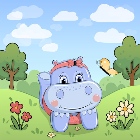 Cute cartoon hippo in nature. Vector illustration of an animal with red and white flowers, green grass and trees.のイラスト素材