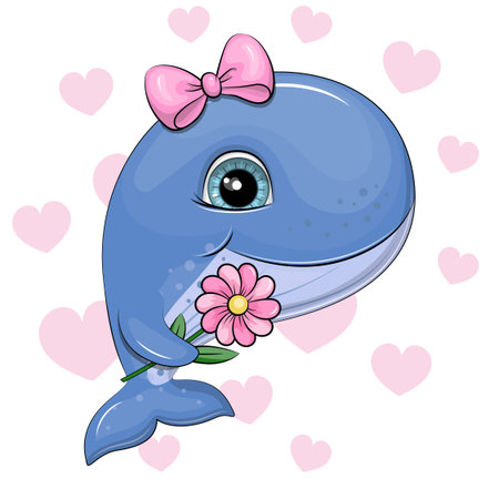 Cute Cartoon Blue Whale with pink flower and hair bow. Vector Illustration with animal on white background with pink hearts.のイラスト素材