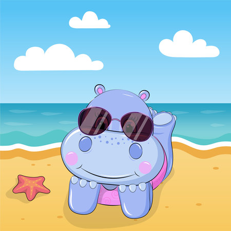 Cute Hippo on the Beach in Sunglasses â Cartoon Summer Illustration. Adorable cartoon hippo wearing sunglasses and relaxing on the beach with ocean waves and a starfish in the backのイラスト素材