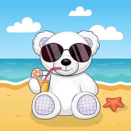 A Cute Cartoon White Bear Toy with a Drink and Sun Glasses on the Beach. Summer Animal vector illustration with sea, sun, sand and starfish.のイラスト素材