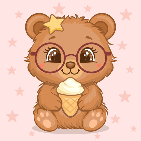Adorable Fluffy Cartoon Brown Bear with ice cream. Vector illustration of the animal on a pink background with stars.のイラスト素材
