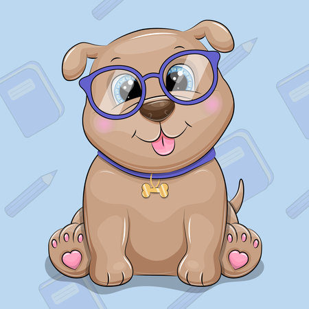 Cute Cartoon Dog with Glasses. Vector Illustration of animal on a blue background with books and pencils.のイラスト素材
