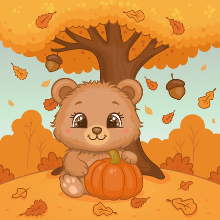 A cute cartoon brown bear with pumpkin in nature. Autumn vector illustration of animal on orange background with big tree and leaves.のイラスト素材