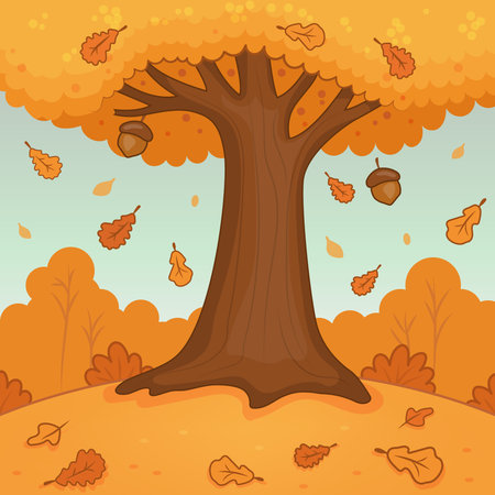 A cute cartoon Sutumn landscape. Season vector illustration of nature on orange background with big tree and leaves.のイラスト素材