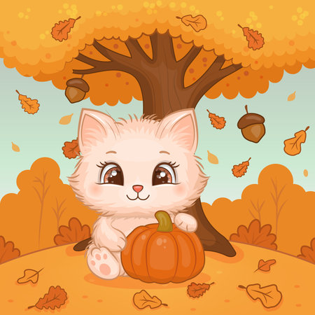 A cute cartoon Cat with pumpkin in nature. Autumn vector illustration of animal on orange background with big tree and leaves.のイラスト素材