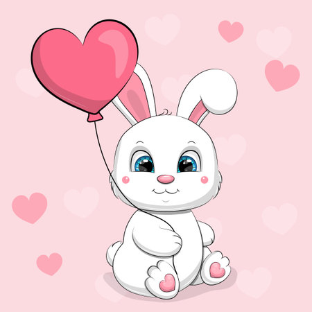 Cute cartoon White Rabbit with pink heart shaped balloon. Vector illustration of an animal on a pink background with hearts.のイラスト素材