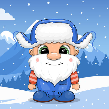 Cute cartoon Gnome with blue hat in winter. Vector Illustration of dwarf man in nature on a blue background with snow.のイラスト素材