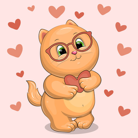 Cute cartoon Cat with heart and glasses. Vector illustration of animal on pink background with red hearts.のイラスト素材