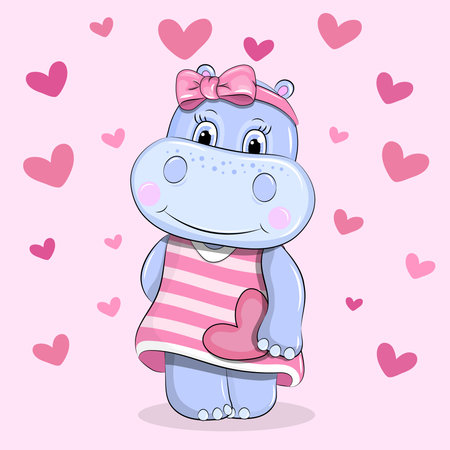 Cute cartoon Hippo with hearts. Vector illustration of animal on pink background with hearts.のイラスト素材