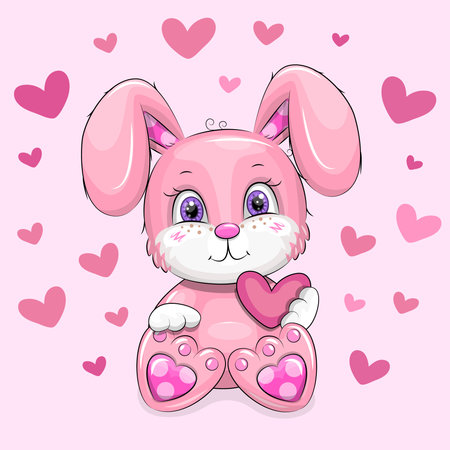 Cute cartoon Pink Rabbit with hearts. Vector illustration of animal on pink background with hearts.のイラスト素材