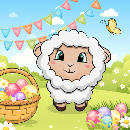 A cute cartoon Easter Sheep with Basket with Easter Eggs. Festive vector illustration of an animal with eggs, flowers on a blue background with clouds.のイラスト素材