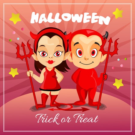 halloween card with two devil cartoon characters hold tridentのイラスト素材