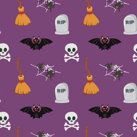halloween pattern background broom bat graveのイラスト素材