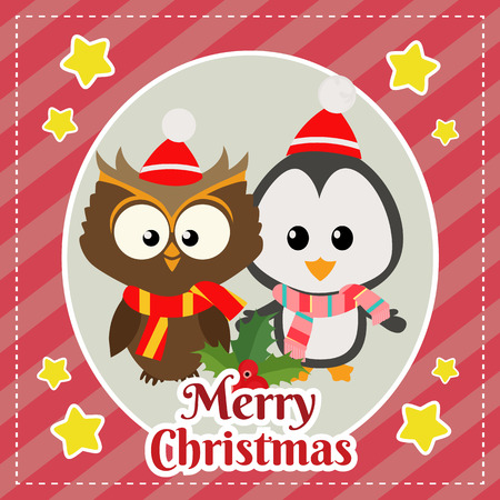 template merry christmas card with owl and penguinのイラスト素材