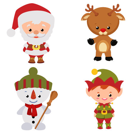 christmas santa snowman reindeer elf cartoon setのイラスト素材