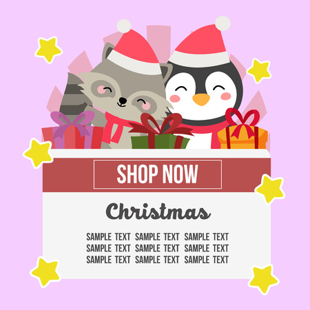 christmas shop theme with penguin and foxのイラスト素材
