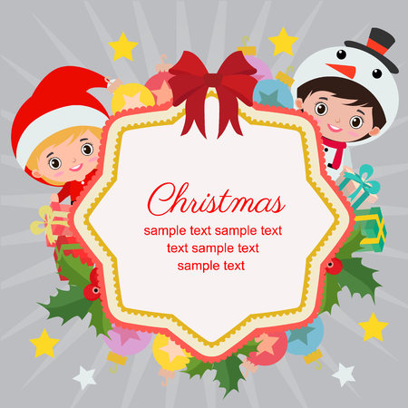 hello christmas with snowman kids and santaのイラスト素材