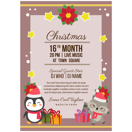 christmas party poster template penguin and foxのイラスト素材