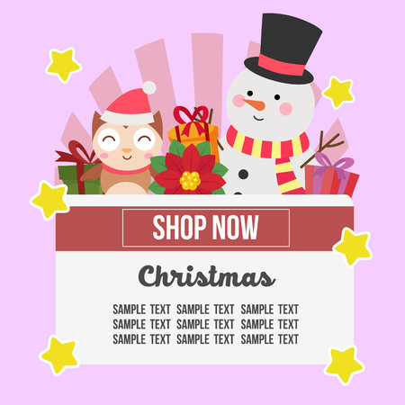 christmas shop theme with snowman and owlのイラスト素材