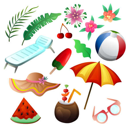 colorful summer element holiday beach setのイラスト素材