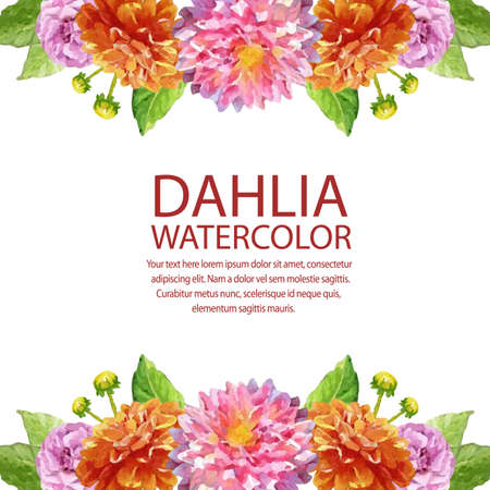 dahlia watercolor card with frame horizontal borderのイラスト素材