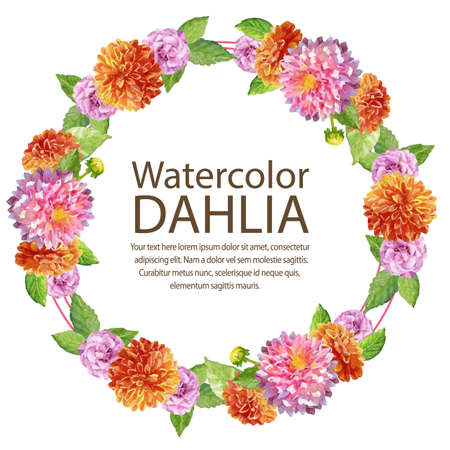 watercolor dahlia card bush round textのイラスト素材