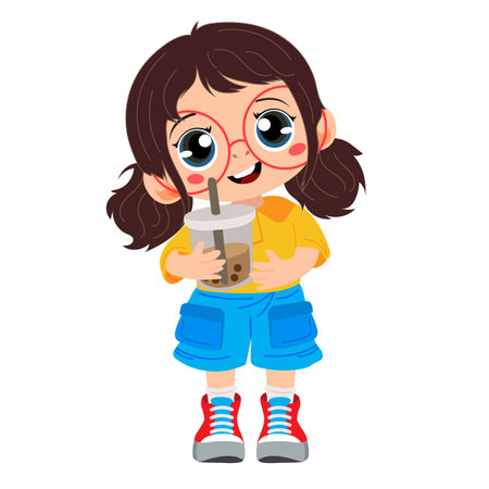 cute girl cartoon holding ice beverageのイラスト素材