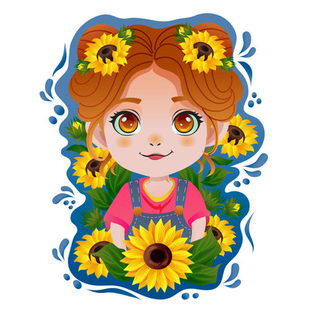 cute sunflower girl cartoon charactersのイラスト素材