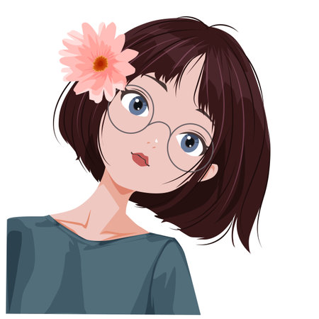 cute brunette hair girl with glasses and flowerのイラスト素材