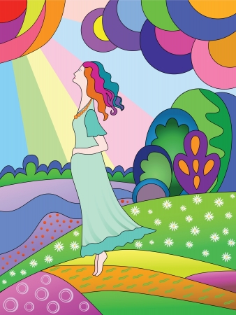 A pregnant woman in a meadow  Bright spring landscape のイラスト素材