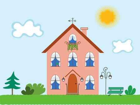 Beautiful family home on a green lawn のイラスト素材
