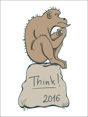 Monkey in thinker Pose. Monkey thinking. Monkey sitting on a rock. The inscription "Think!". 2016 New Year Symbol.のイラスト素材