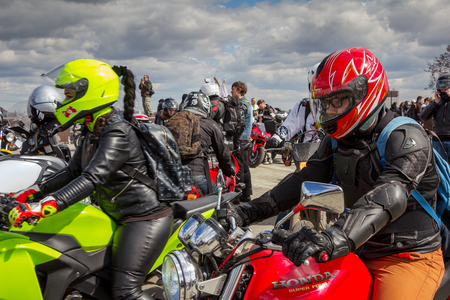 Moscow, Russia - April 23, 2016. Motorcyclists open the spring season. Preparation of the opening.のeditorial素材