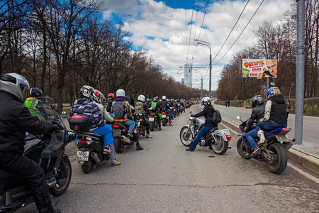 Moscow, Russia - April 23, 2016: Motorcyclists open the spring season. The group of motorcyclists on the road. Russian riders.のeditorial素材